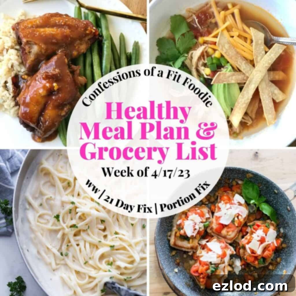 Food photo collage with pink and black text on a white circle. Text says, "Healthy Meal Plan & Grocery List Week of 4/17/23"