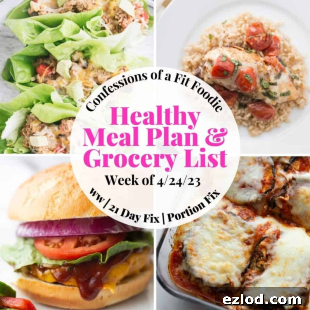 Food photo collage with pink and black text on a white circle. Text says, ' Healthy Meal Plan & Grocery List Week of 4/24/23' – A vibrant collage showcasing a variety of healthy and appetizing dishes, including sheet pan breakfast items, baked eggplant parmesan, and crispy sweet potato fries, designed to inspire easy and delicious meal prep for the week of April 24, 2023.