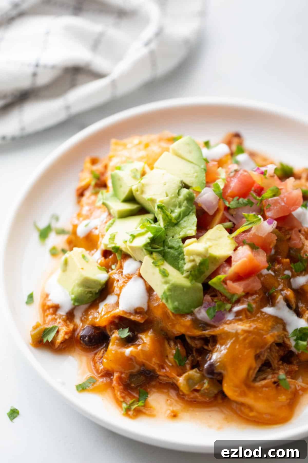 White plate of Crockpot Chicken Enchilada Casserole topped with avocado, fresh salsa, and cilantro with a white and blue kitchen towel sitting in the background.