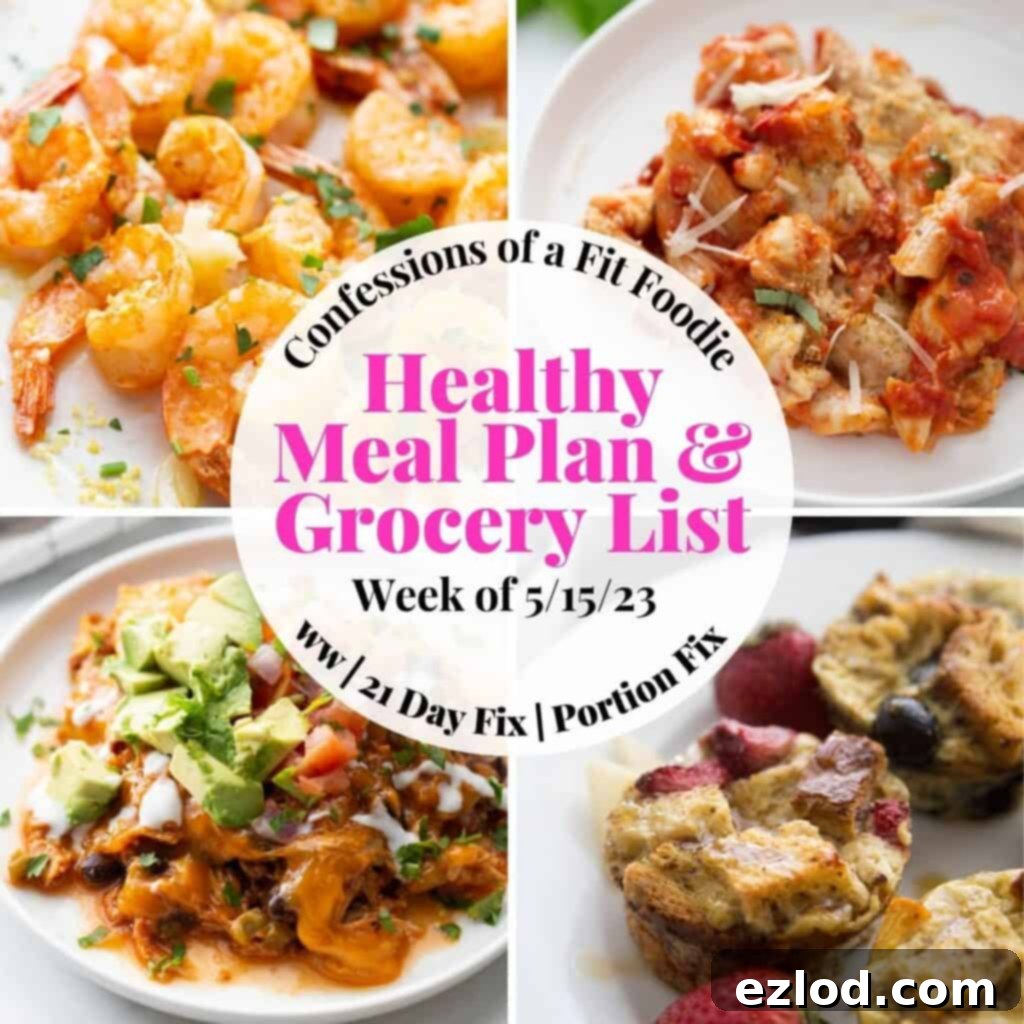 Food photo collage with pink and black text on a white circle. Text says, "Healthy Meal Plan & Grocery List Week of 5/15/23" which can be updated to a more generic week or current date if desired for evergreen content.