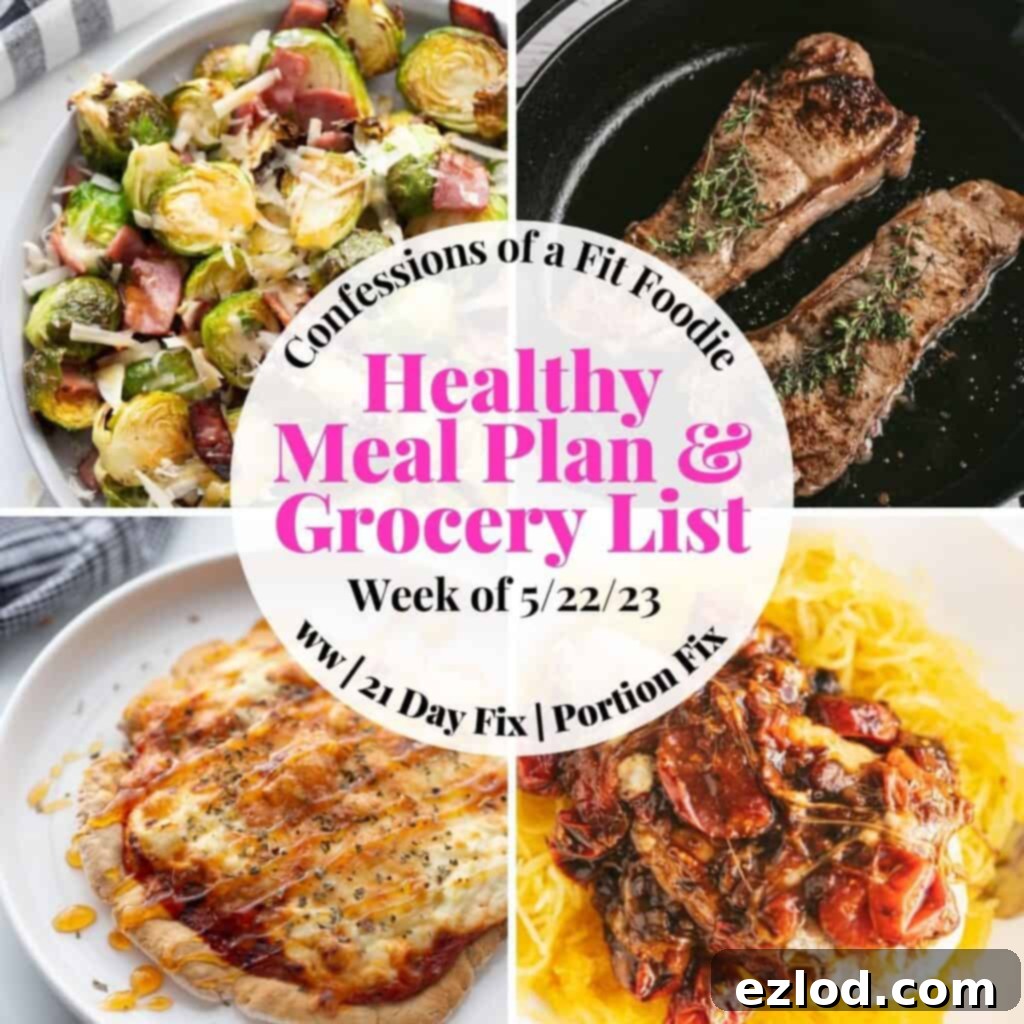Food photo collage with pink and black text on a white circle. Text says, "Healthy Meal Plan & Grocery List Week of 5/22/23" showcasing various delicious and healthy meals.