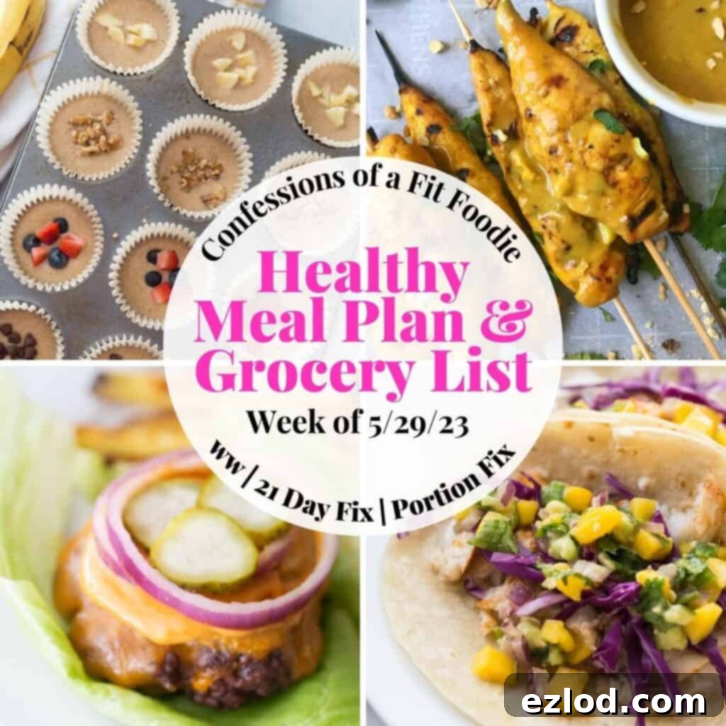 Food photo collage with pink and black text on a white circle. Text says, "Healthy Meal Plan & Grocery List Week of 5/29/23"