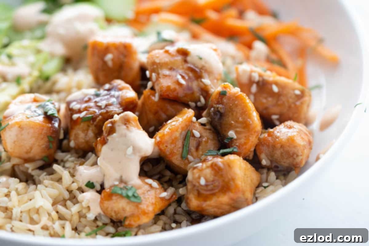 An overhead view of a beautifully arranged bowl of sticky air fryer salmon bites, complete with brown rice, spicy mayo, sesame seeds, and fresh cilantro, showcasing the vibrant and appetizing presentation.