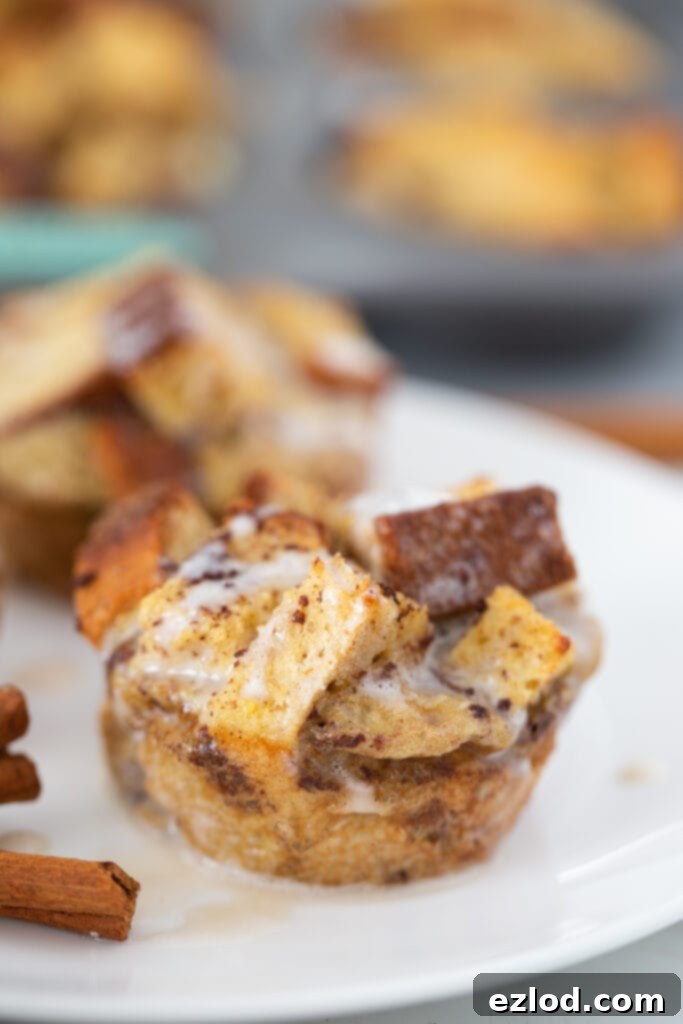 A close-up shot of a healthy French toast muffin, beautifully drizzled with creamy white coconut icing, highlighting its delicious texture.