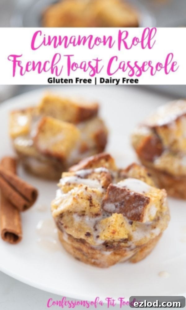 A vibrant flat lay of multiple cinnamon roll French toast casserole cups, garnished with icing and a sprinkle of cinnamon, showcasing their appetizing appeal.
