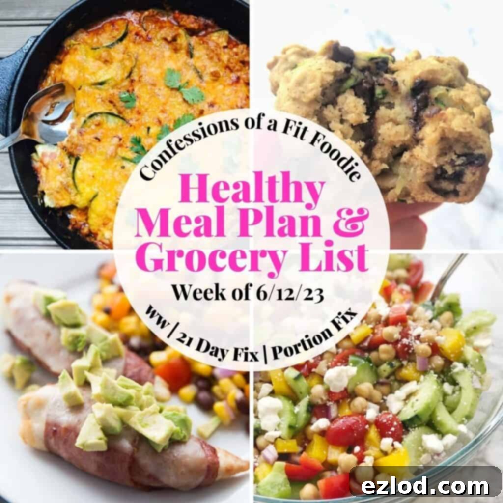 A vibrant food photo collage with pink and black text on a white circle. The text reads: 'Healthy Meal Plan & Grocery List Week of 6/12/23', showcasing a perfect example for a weekly meal plan focused on fresh, healthy ingredients.