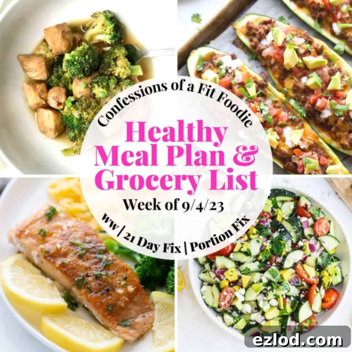 Food photo collage with pink and black text on a white circle. Text says, "Healthy Meal Plan & Grocery List Week of 9/4/23"