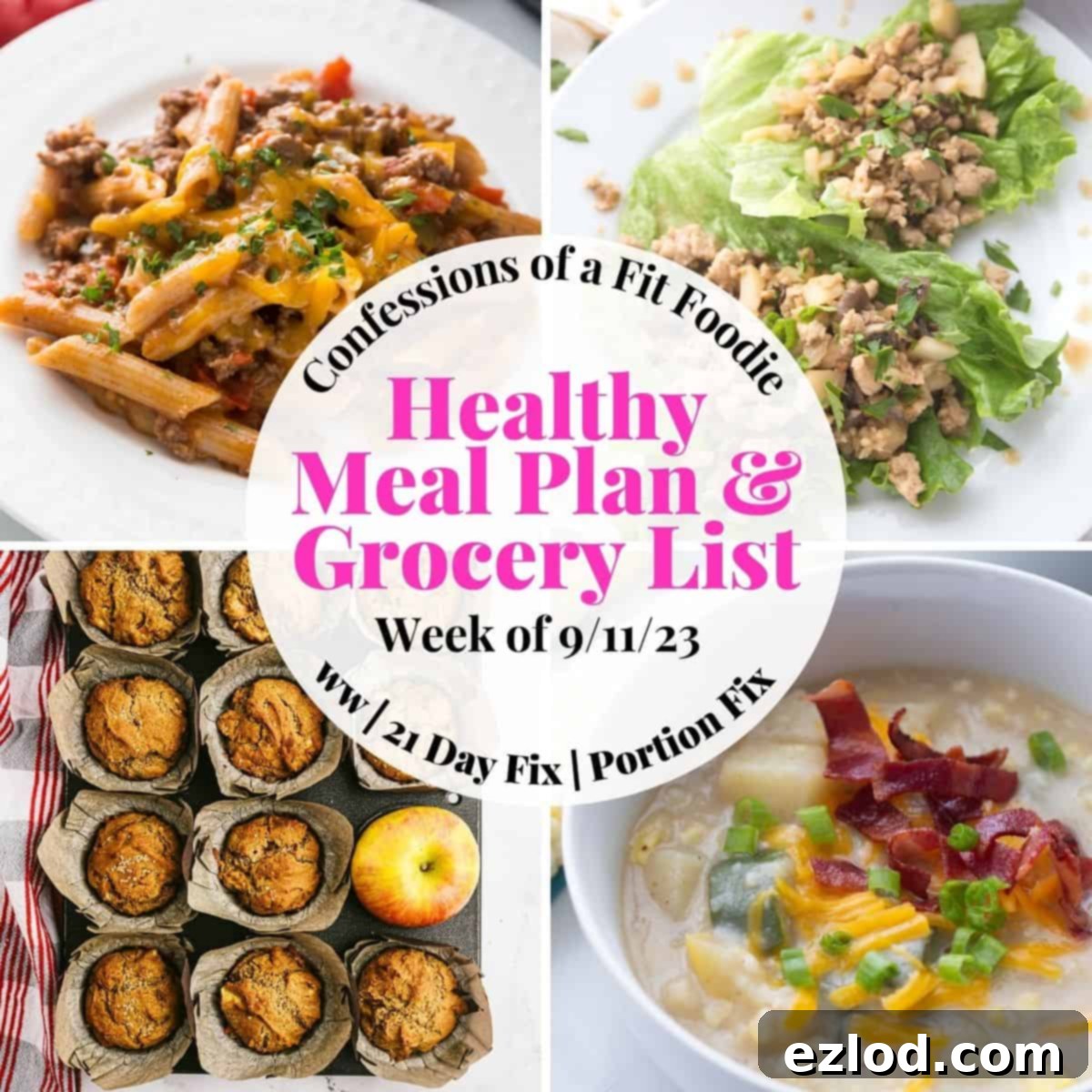 Healthy Weekly Meal Plan for September 11th 2 A vibrant food photo collage featuring various healthy meals, with pink and black text on a white circle that reads, "Healthy Meal Plan & Grocery List Week of 9/11/23". This visual summary highlights the diverse and delicious recipes included in the weekly meal plan.