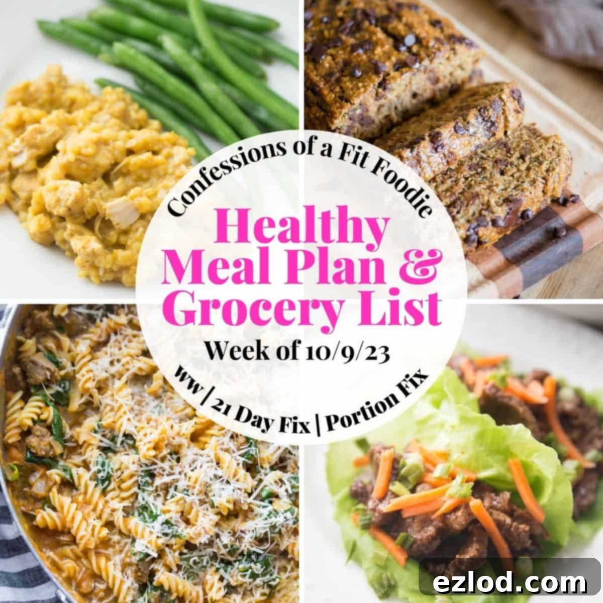 Food photo collage with pink and black text on a white circle. Text says "Healthy Meal Plan & Grocery List Week of 10/9/23" 