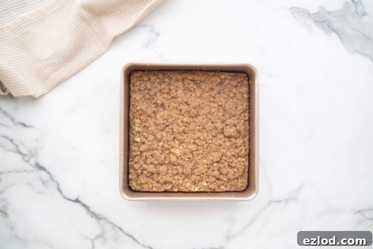 Coffee cake baked oatmeal in an 8x8 pan.