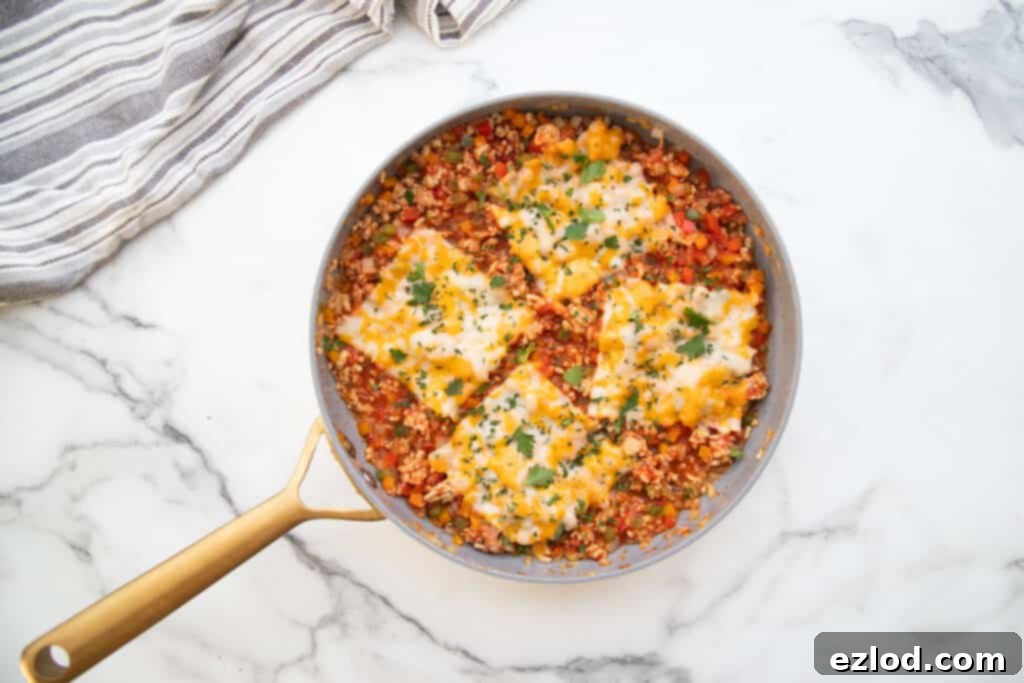 Stuffed Pepper skillet topped with three pieces of Monterey Jack Cheese.