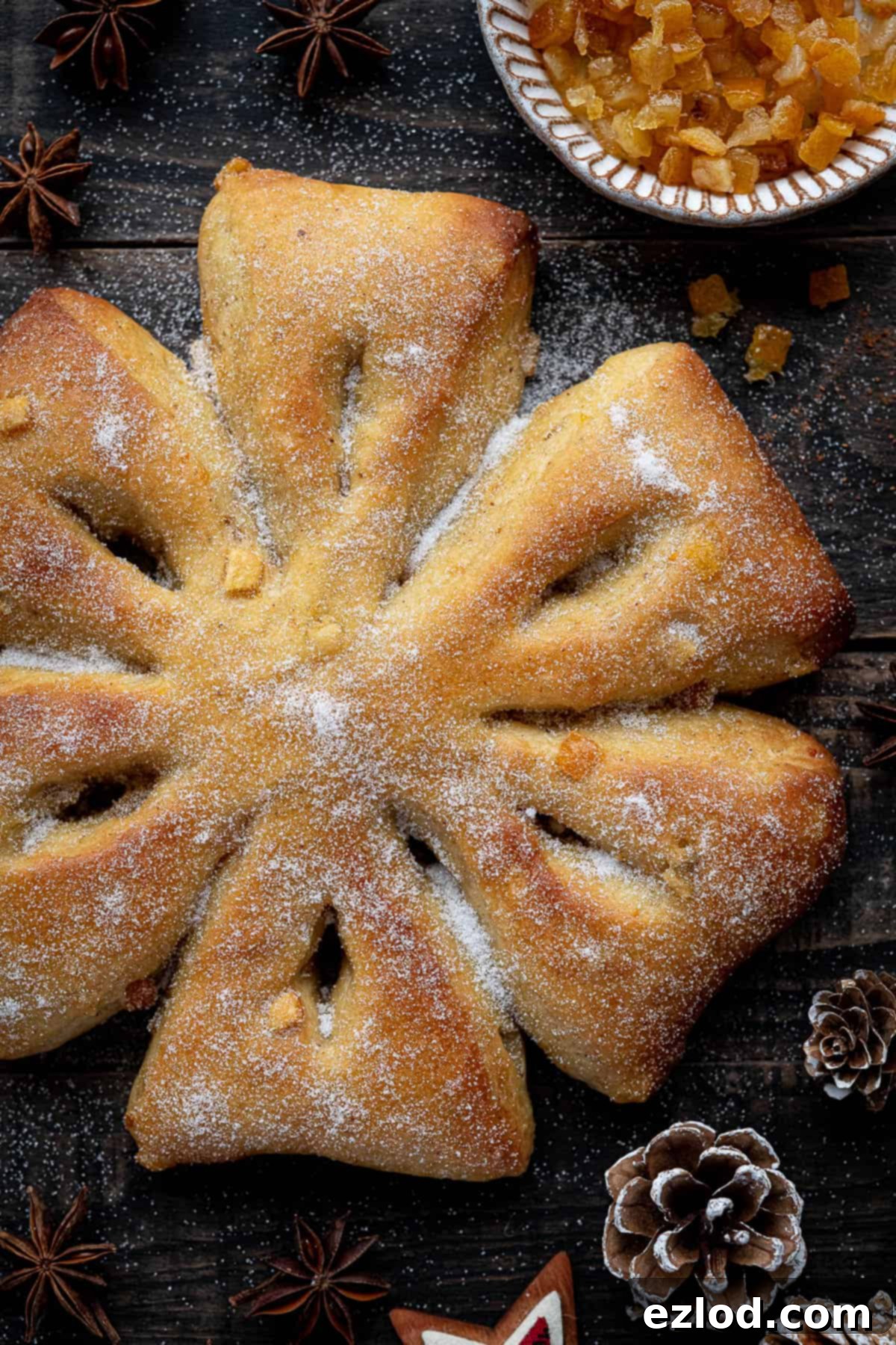Close up of the orange and anise snowflake bread.