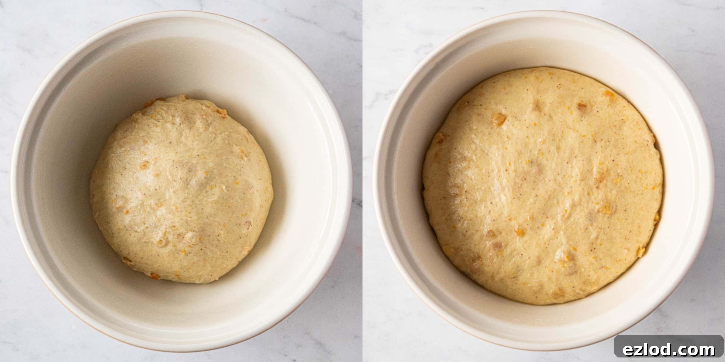 Step 6, a two image collage of the dough before and after rising.