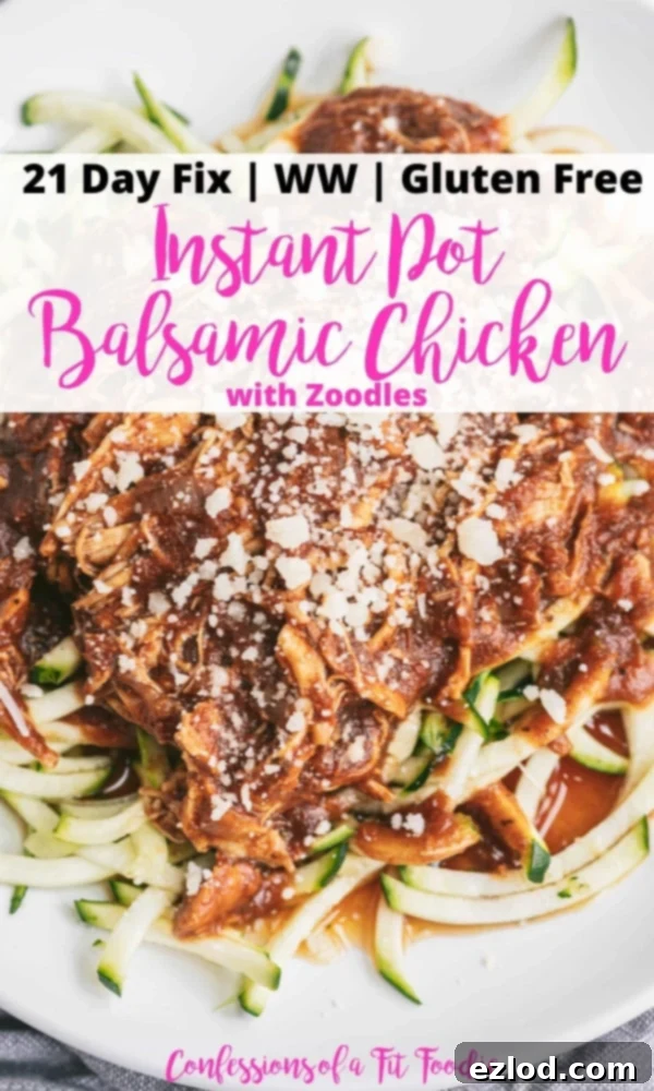 Close of up photo of a plate of chicken with sauce over zoodles. There is text overlay - 21 Day Fix | WW | Gluten Free | Instant Pot Balsamic Chicken with Zoodles | Confessions of a Fit Foodie