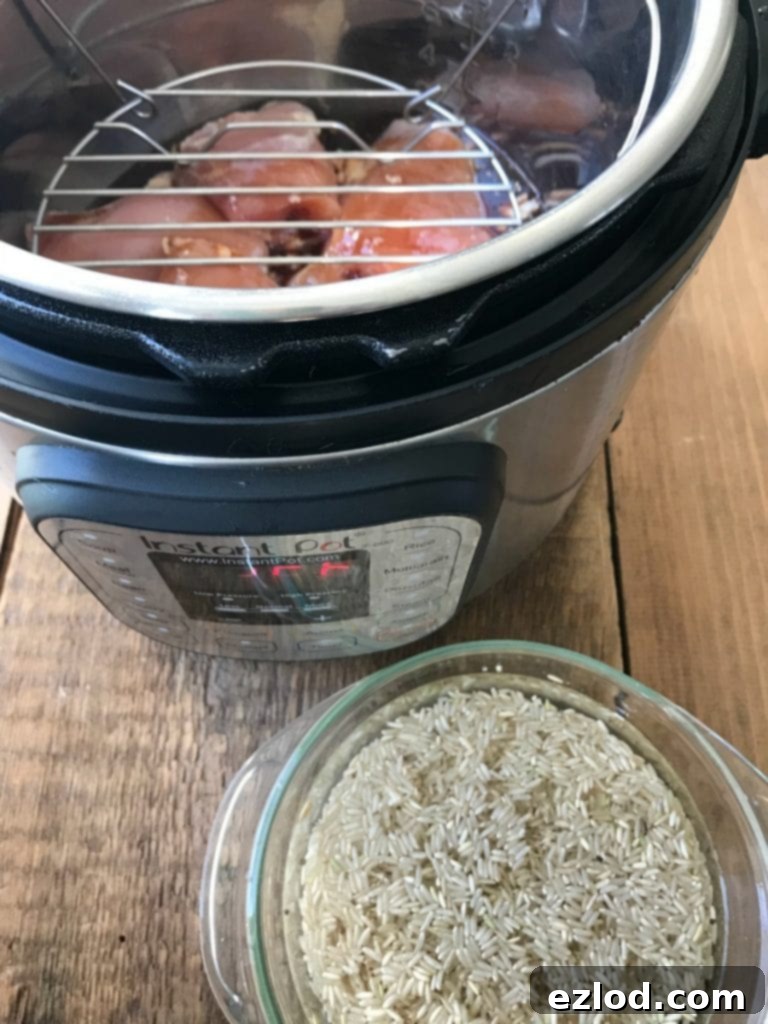 Asian Chicken with brown rice and green beans cooked simultaneously in the Instant Pot