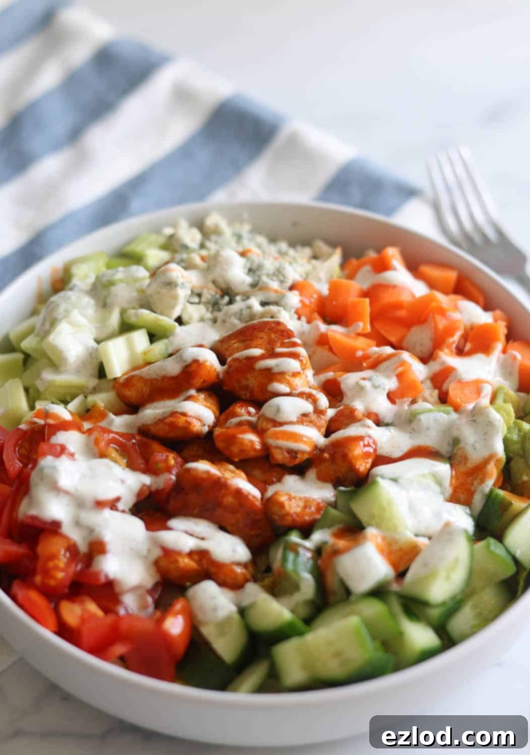 Buffalo Chicken Salad drizzled with homemade greek yogurt ranch and buffalo sauce.