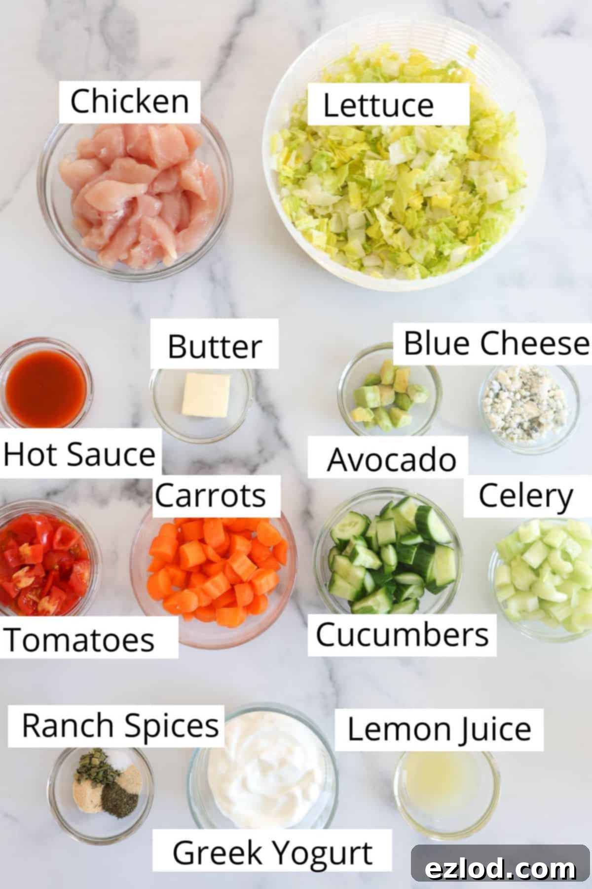 Ingredient shot for a chopped buffalo chicken salad.