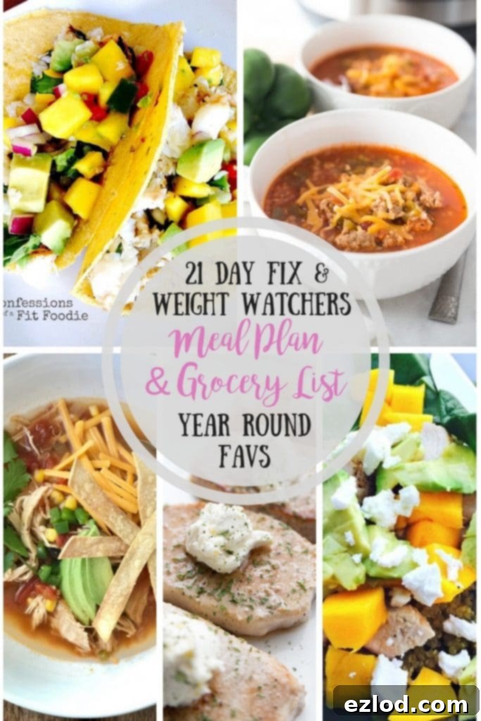 A vibrant weekly meal plan with 21 Day Fix and Weight Watchers Freestyle labels, featuring delicious and healthy recipes. Instant Pot directions are highlighted.