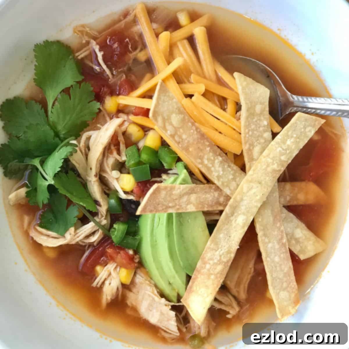 A vibrant bowl of Instant Pot Chicken Tortilla Soup, garnished with fresh cilantro, diced avocado, shredded cheddar cheese, and crispy homemade tortilla strips.