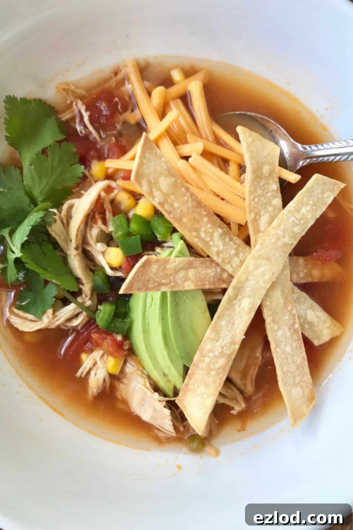 A close-up of a generously topped bowl of Instant Pot Chicken Tortilla Soup, featuring avocado, cheese, cilantro, and tortilla strips.