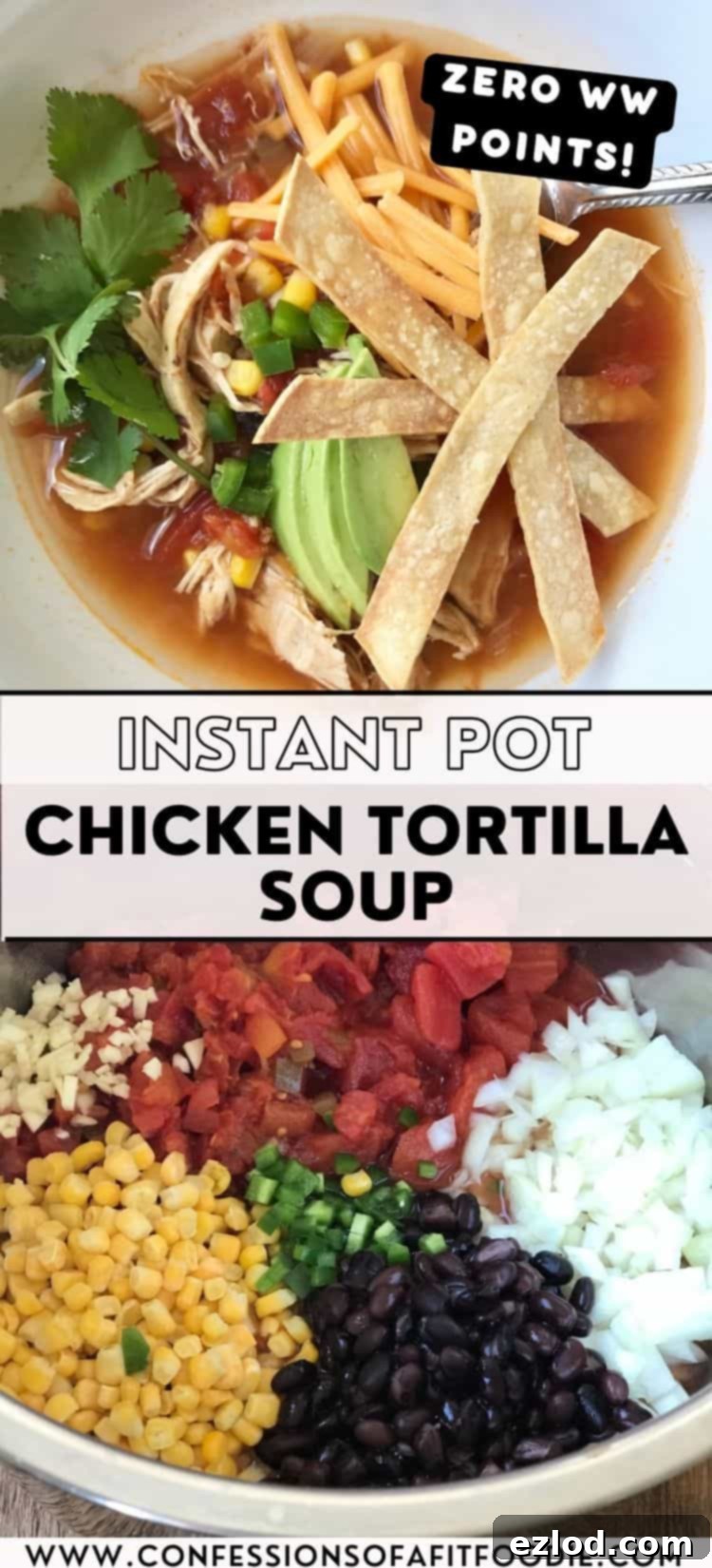 Pinterest image with text overlay for Instant Pot Chicken Tortilla Soup with homemade tortilla strips.