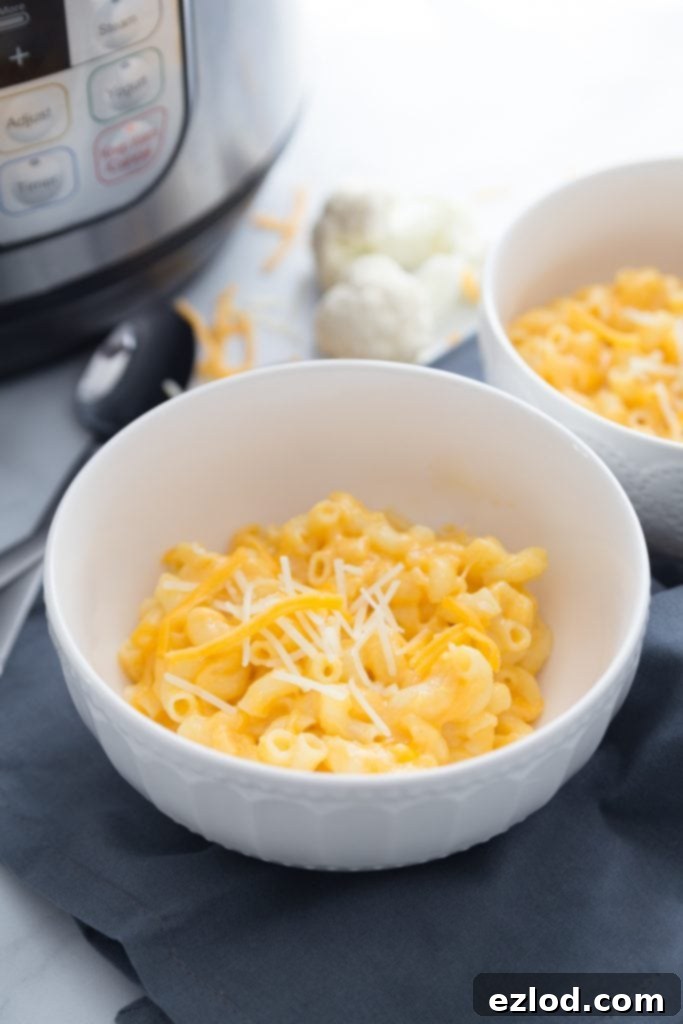 An appetizing close-up of a bowl filled with Instant Pot Mac and Cheese, showcasing the creamy, cheesy pasta and its appealing texture.