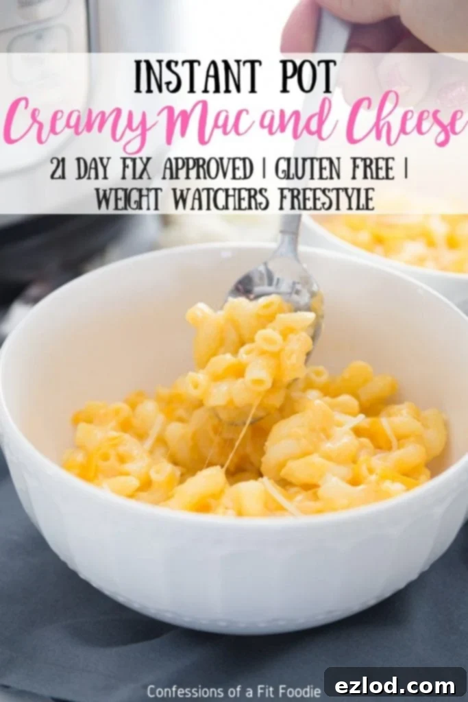 A beautiful, styled shot of 21 Day Fix Instant Pot Mac and Cheese, emphasizing its health benefits and deliciousness. Perfect for Pinterest sharing.