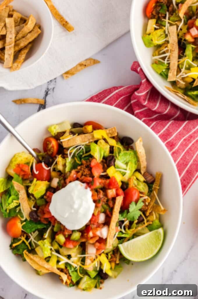Our Favorite Simple and Healthy Taco Salad Recipe 8 Healthy Taco Salad topped with crispy tortilla strips, cheese, avocado, and a fresh lime wedge.