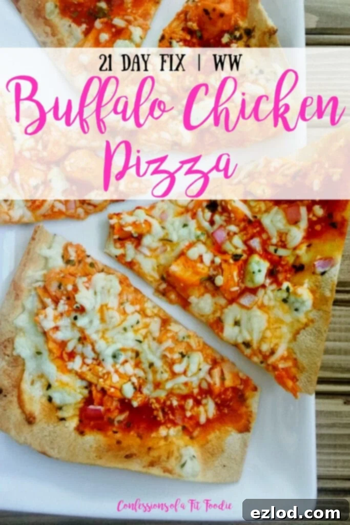Personal flatbread pizza on a rectangular plate cut into triangles and topped with buffalo chicken, ricotta, blue cheese, and mozzarella cheese with the text overlay - 21 Day Fix | WW | Buffalo Chicken Pizza | Confessions of a Fit Foodie. A visually appealing image for sharing.