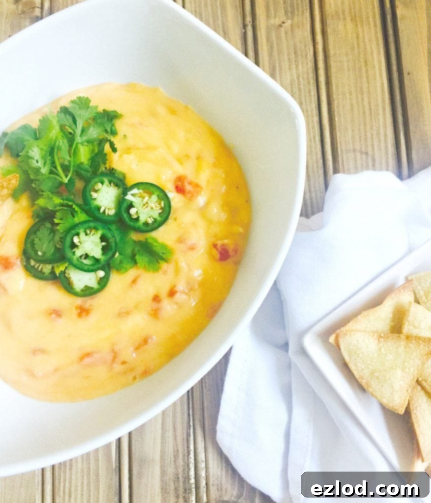 Two hands reaching for the 21 Day Fix Queso Dip and homemade chips, ready to enjoy.