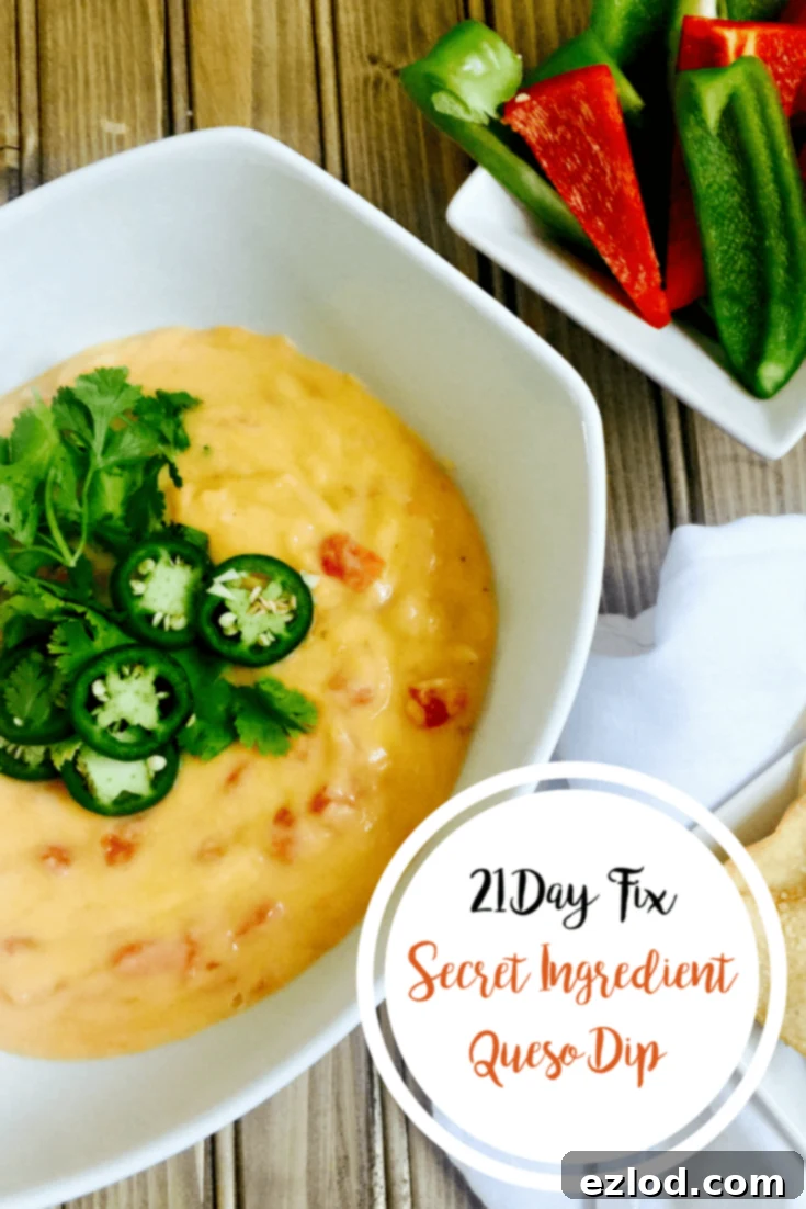 A vibrant and appealing photo of the 21 Day Fix Secret Ingredient Queso Dip and Homemade Chips, ready to be enjoyed.
