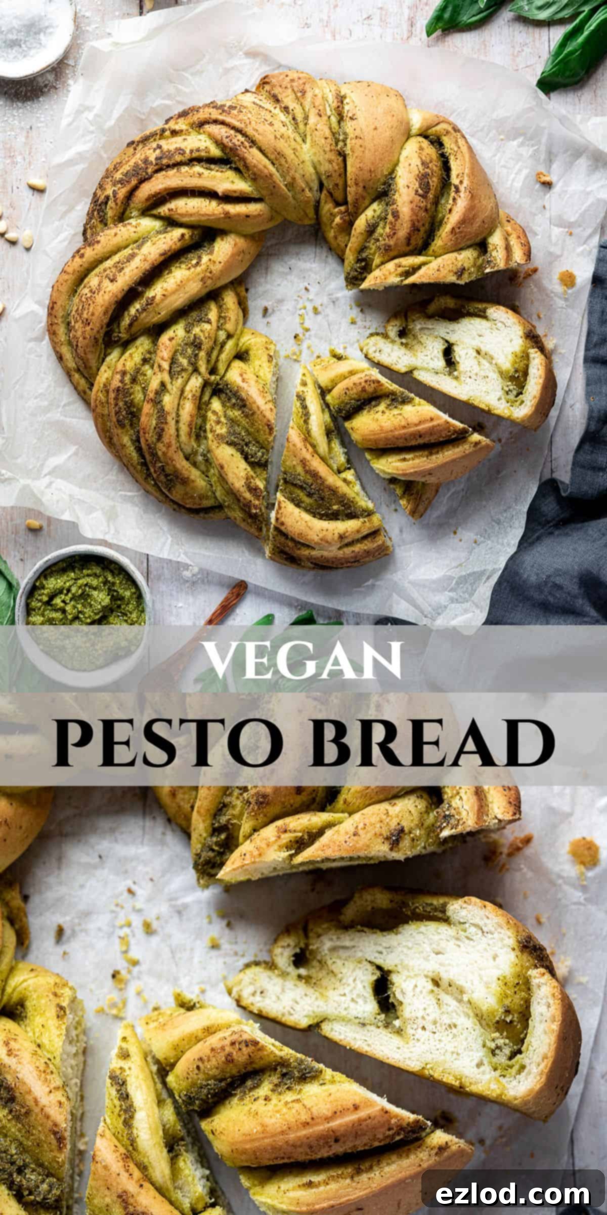 A Pinterest collage image featuring various stages and final shots of the vegan pesto bread wreath, including ingredients, dough rising, shaping, and the baked bread, optimized for sharing.