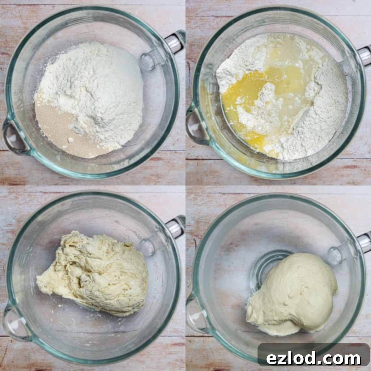 A four-image collage demonstrating the dough making process for vegan pesto bread: 1. Ingredients in a bowl, yeast and salt separated. 2. Shaggy dough forming with added water. 3. Dough being kneaded by hand on a surface. 4. Smooth, elastic dough ball ready for its first rise.