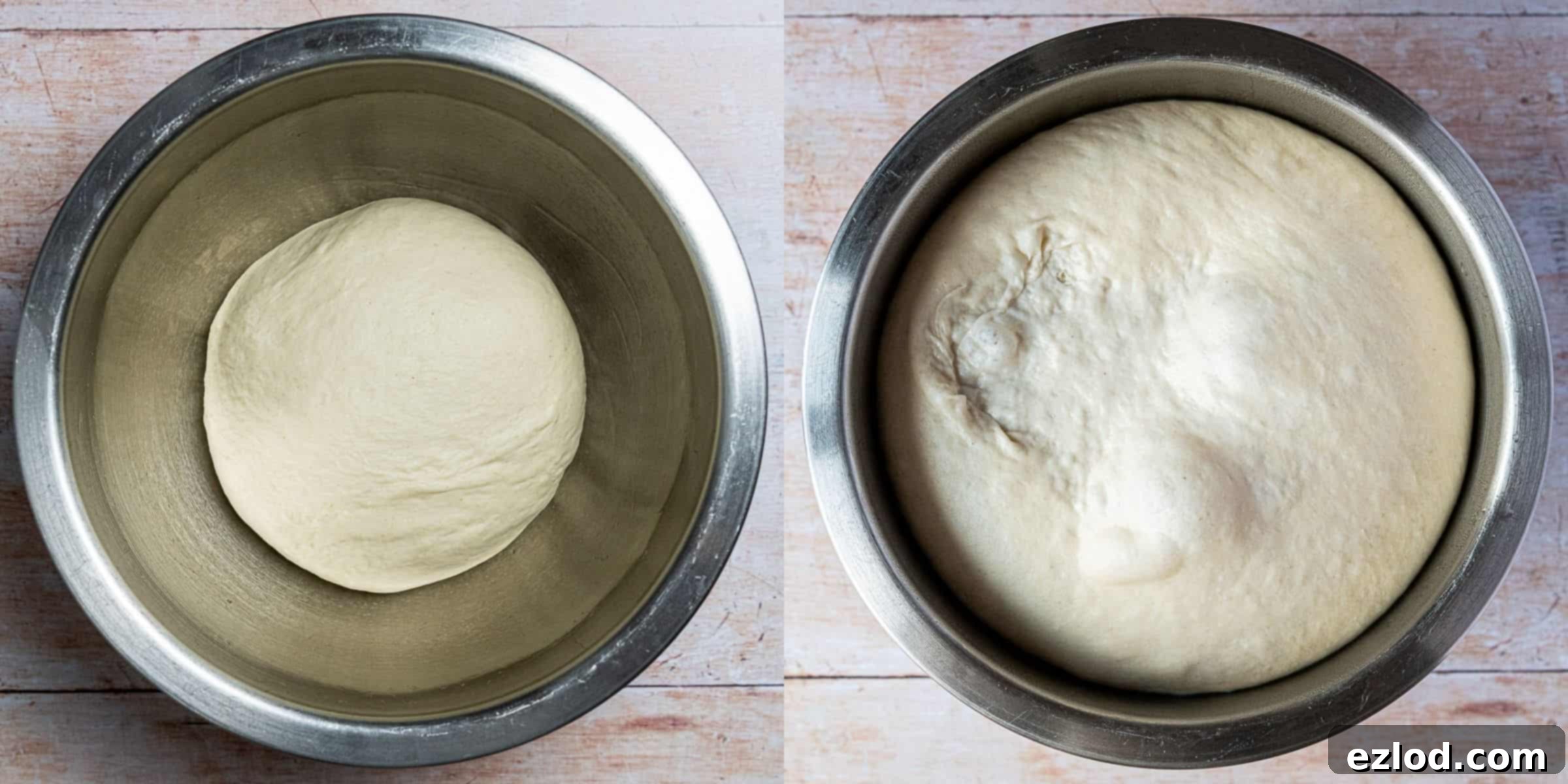 A two-image collage showing the first rising stage of the vegan pesto bread dough: 1. A ball of dough in a bowl, covered. 2. The dough after it has doubled in size, showing a significant increase in volume.
