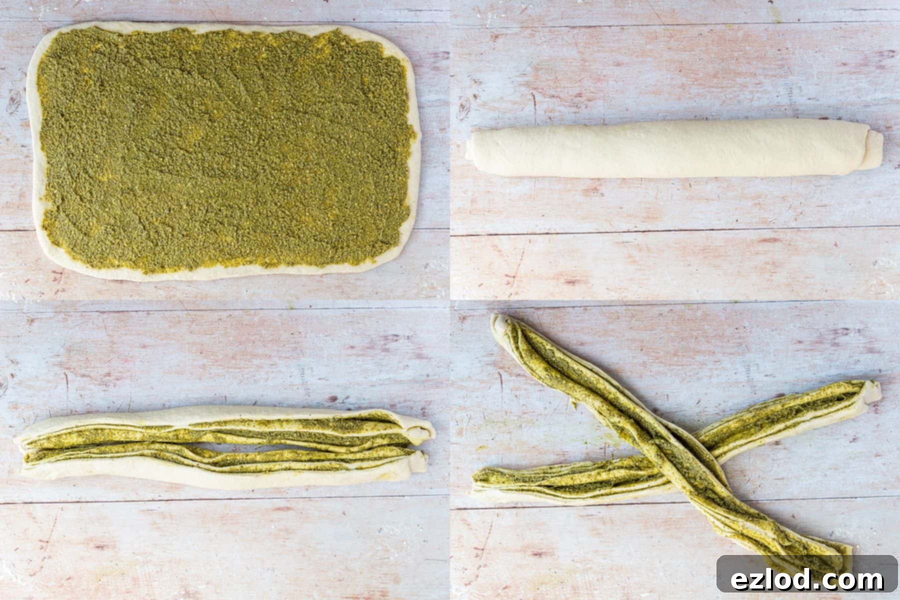A four-image collage detailing the shaping process of vegan pesto bread: 1. Rolled out dough rectangle. 2. Pesto spread evenly over the dough. 3. Dough tightly rolled into a log. 4. The log cut lengthwise, revealing pesto layers, ready for twisting.