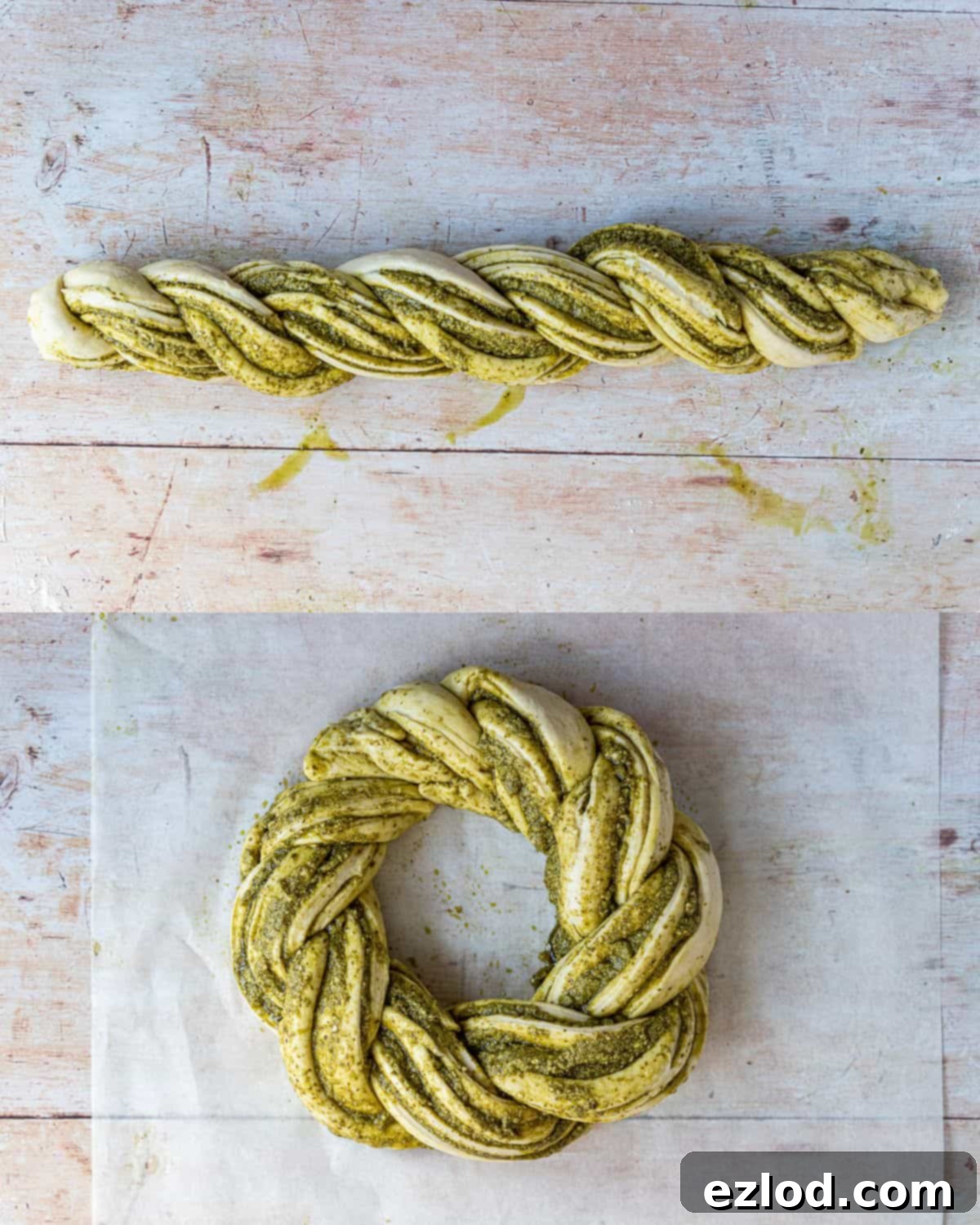 A two-image collage illustrating the final shaping of the vegan pesto bread: 1. The two halves of dough twisted together into a braid. 2. The braided dough formed into a festive wreath shape, with ends pinched together.