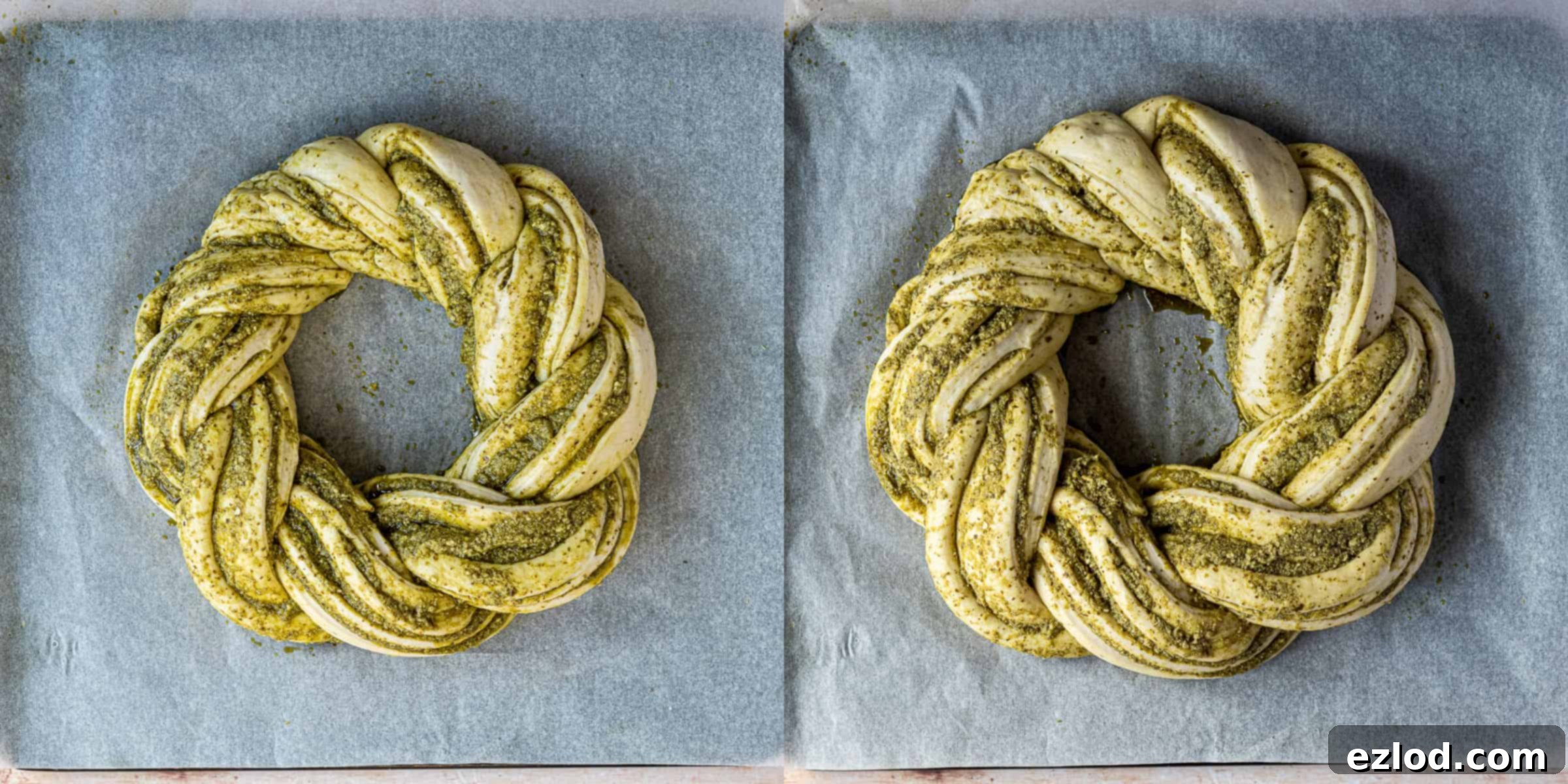 A two-image collage showing the second rising stage of the vegan pesto bread wreath: 1. The shaped pesto bread wreath, loosely covered, beginning its rise. 2. The wreath after its second rise, visibly puffy and expanded, ready for baking.