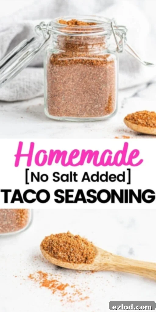 A collage featuring two enticing photos: one shows a glass jar of homemade taco seasoning with a mini wooden spoon, and the other close-up shows the rich spice blend on the spoon, all with text overlay: 'Homemade Taco Seasoning [No Salt Added] - Flavorful & Healthy!'