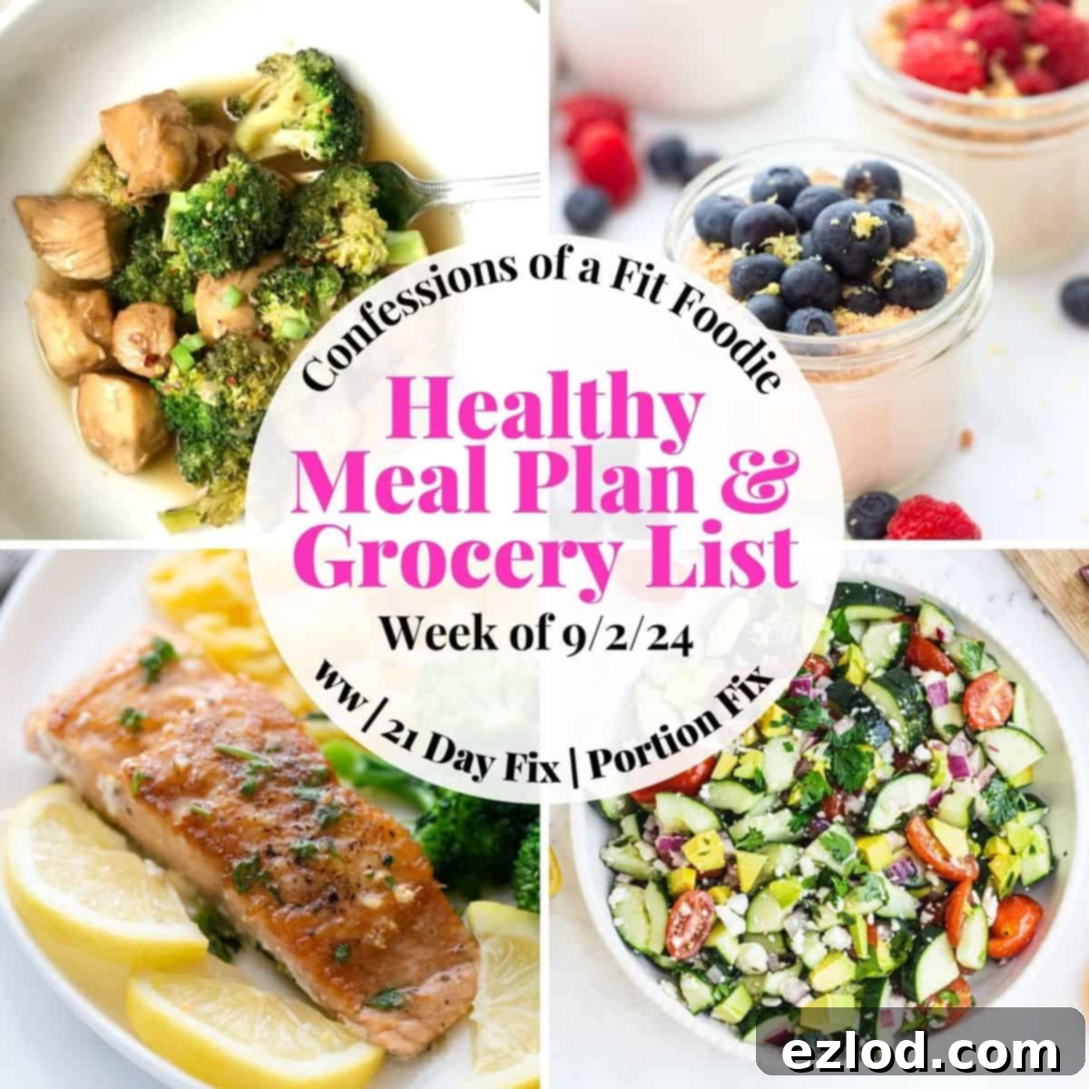 Food photo collage featuring a variety of healthy meals for the week of September 2nd, 2024. Text overlaid says, "Healthy Meal Plan & Grocery List 9/2/24", showcasing dishes like BBQ chicken burgers, fresh salads, and zucchini skillet.