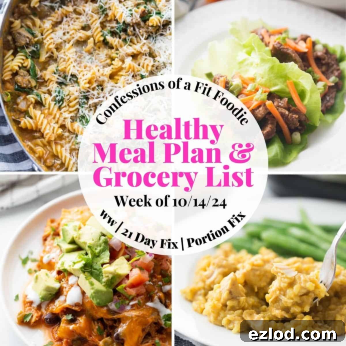Food photo collage with pink and black text on a white circle. Text says, "Healthy Meal Plan & Grocery List 10/14/24"