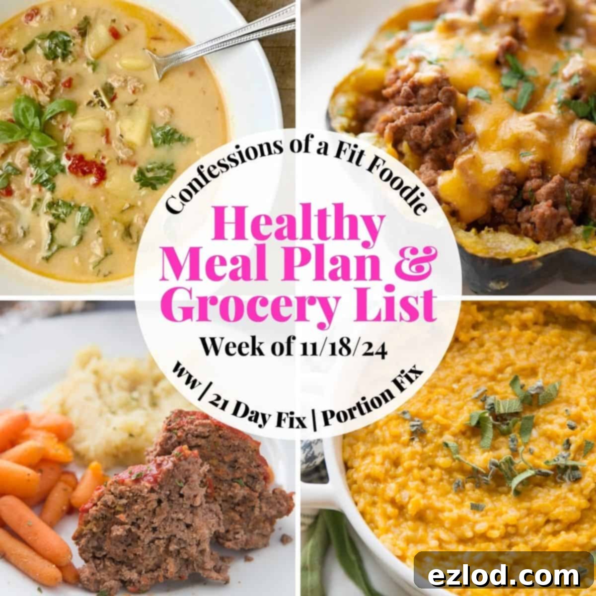Food photo collage with pink and black text on a white circle. Text says, "Healthy Meal Plan & Grocery List Week of 11/18/24"