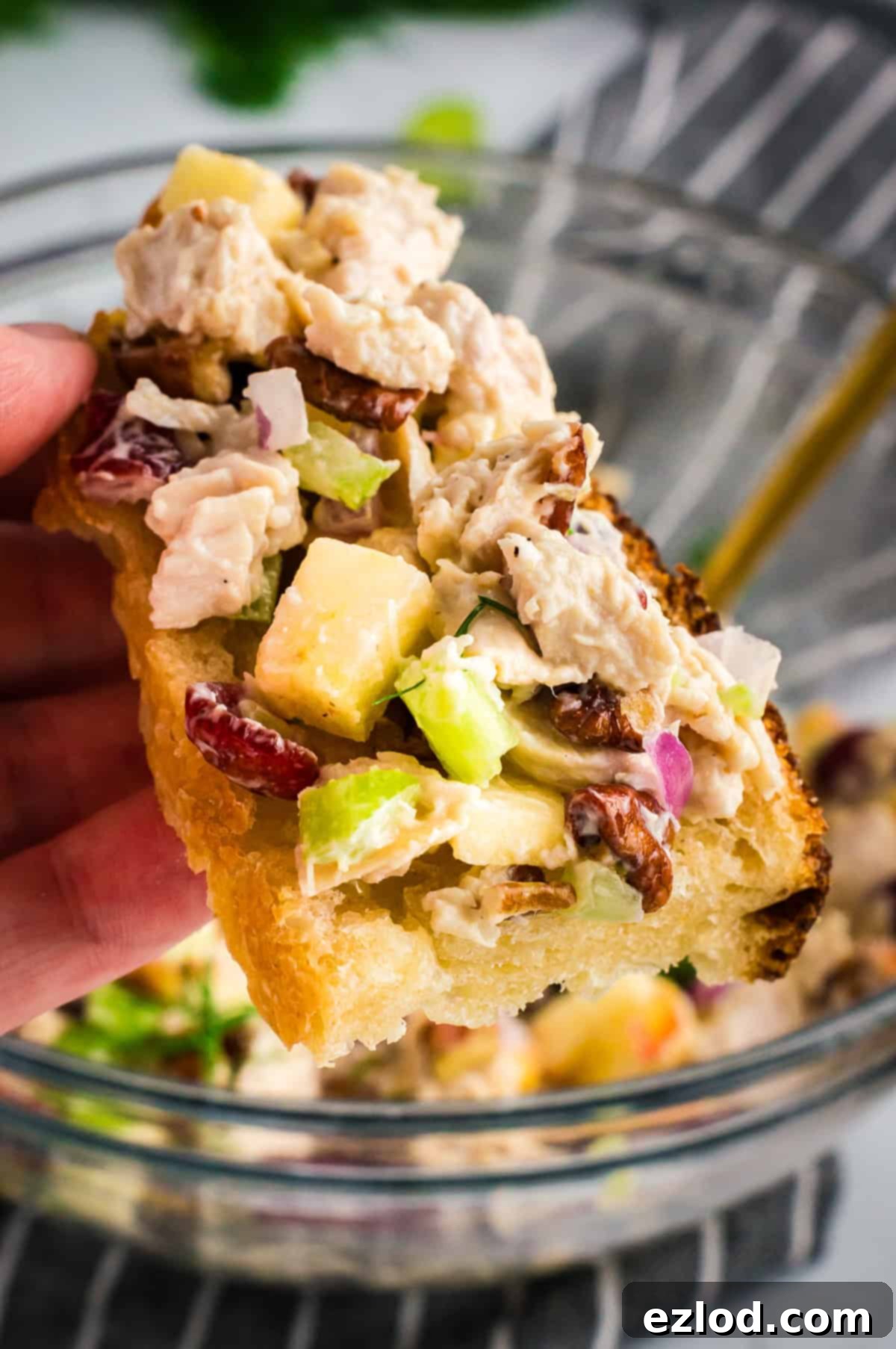 Close up of a thick slice of golden-brown toast topped generously with a creamy and chunky leftover turkey salad, indicating a delightful and satisfying meal.