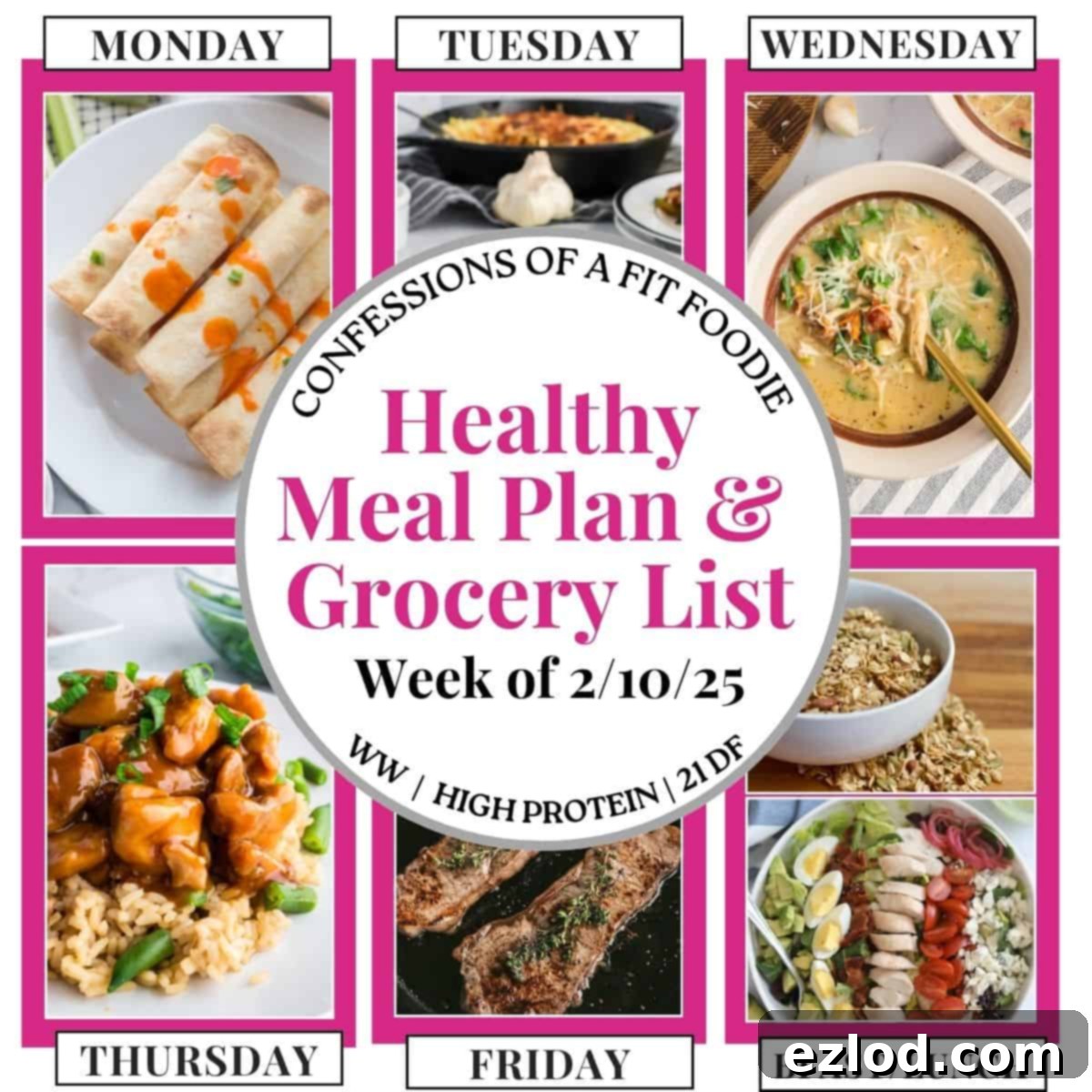 A vibrant collage showcasing various healthy and delicious meals, including a yogurt parfait, a fresh salad, chicken taquitos, and a hearty soup, perfect for a balanced weekly meal plan.