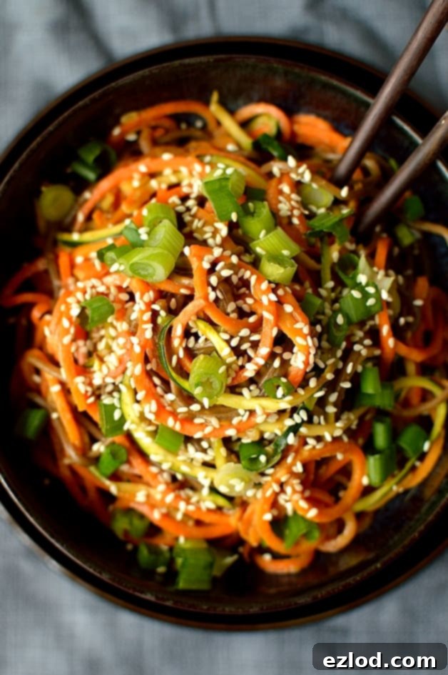 Spiralized vegetable noodle bowls with peanut sauce; super healthy, filling and delicious!
