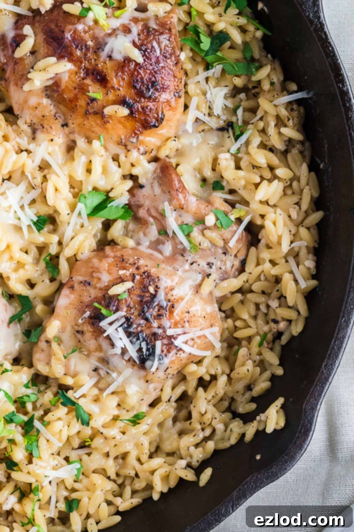 Your Go To One Pan Chicken Orzo 7 Cooked chicken and orzo in a skillet topped with parmesan cheese and fresh parsley.