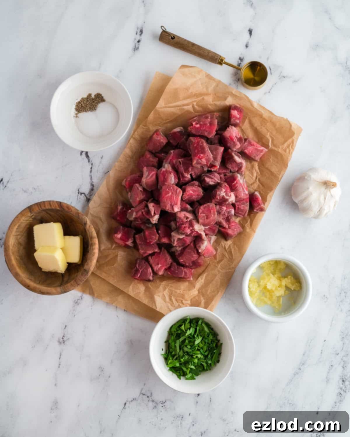 Ingredients for garlic butter steak bites.
