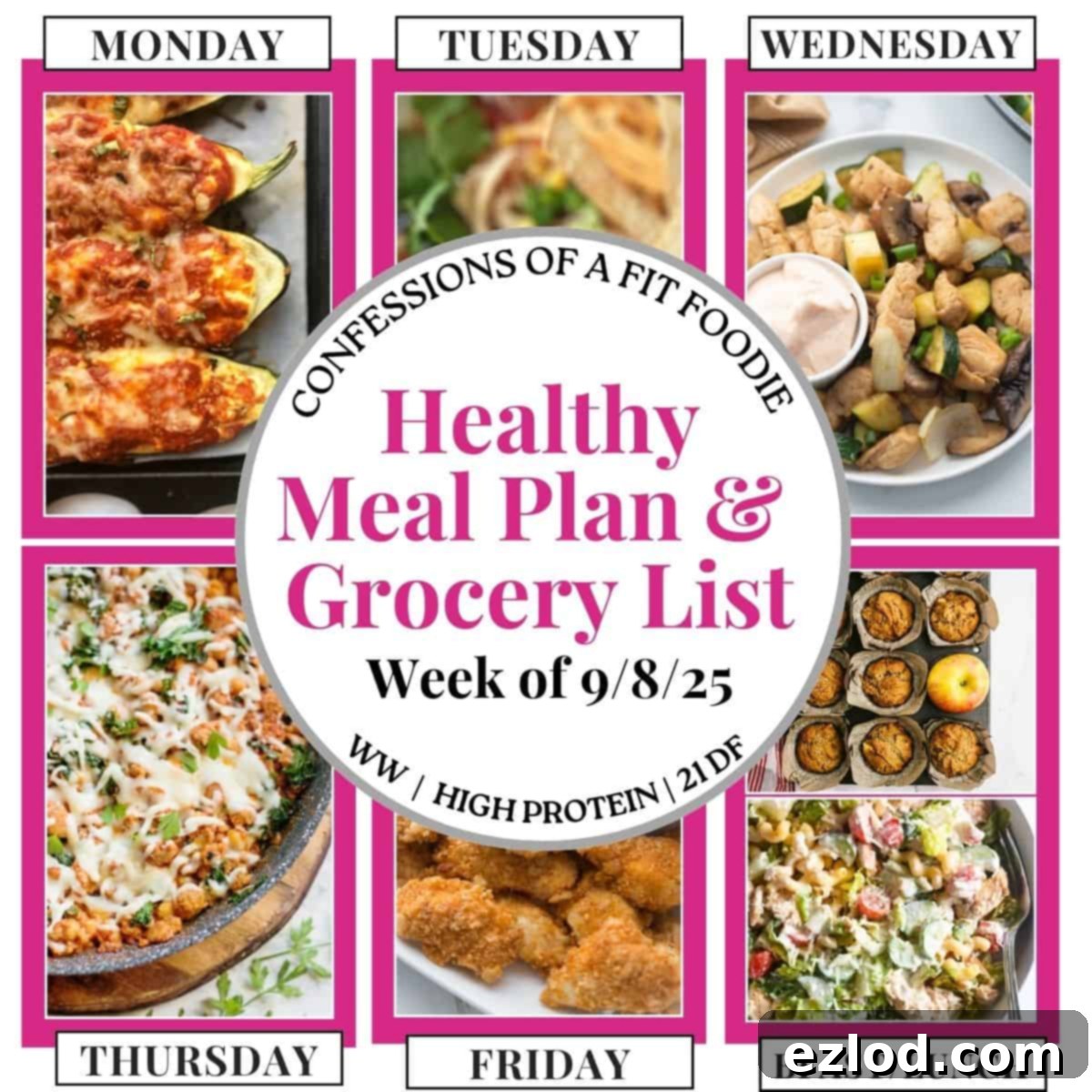Food photo collage featuring vibrant, healthy meals for breakfast, lunch, and dinner, with text "Healthy Meal Plan and Grocery List Week of 9/8/25" overlayed.