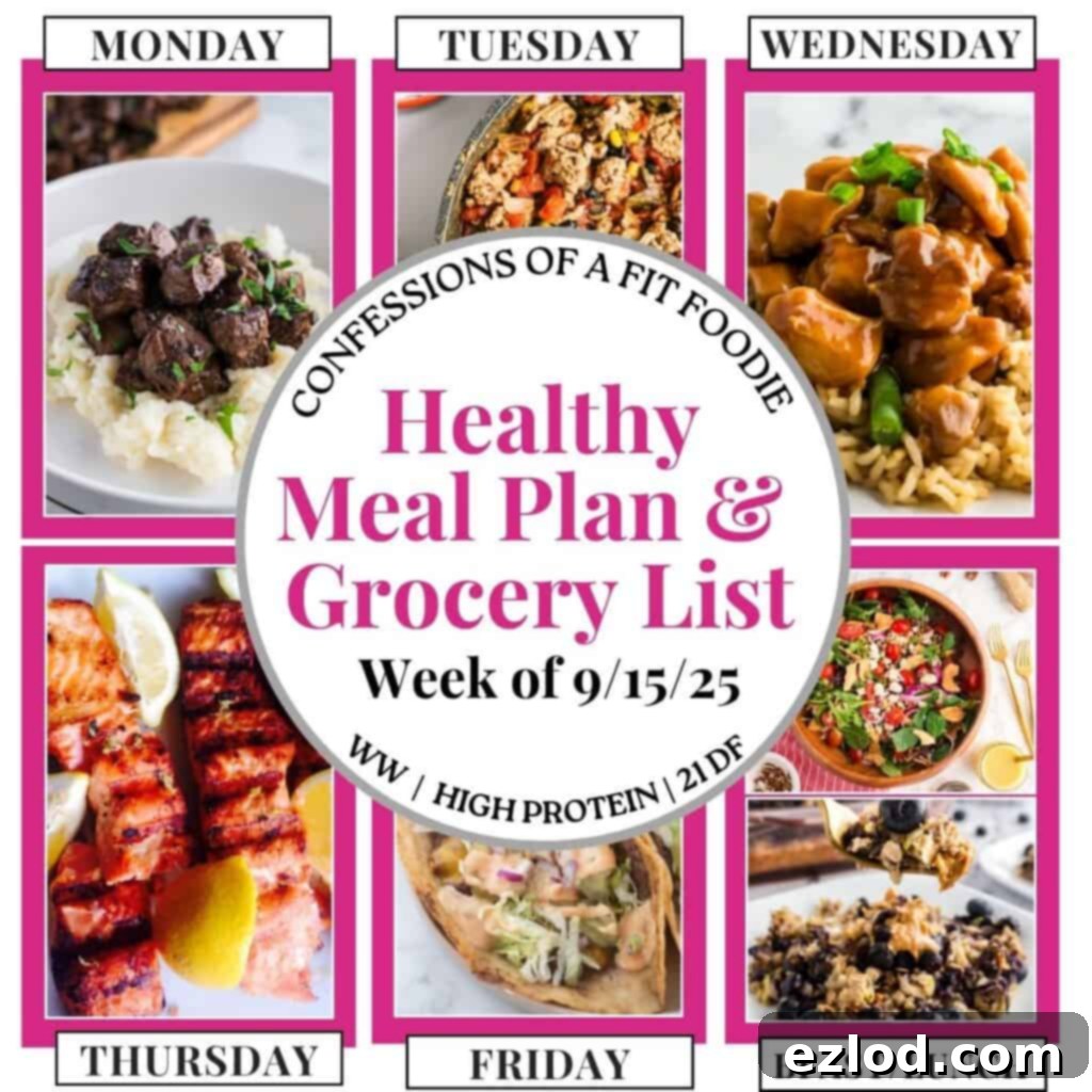 Food photo collage with pink and black text on a white circle. Text says, 'Healthy Meal Plan and Grocery List Week of 9/15/25'. Above and below each photo is the names of the day of the week and 'bfast/lunch' in black all caps text.