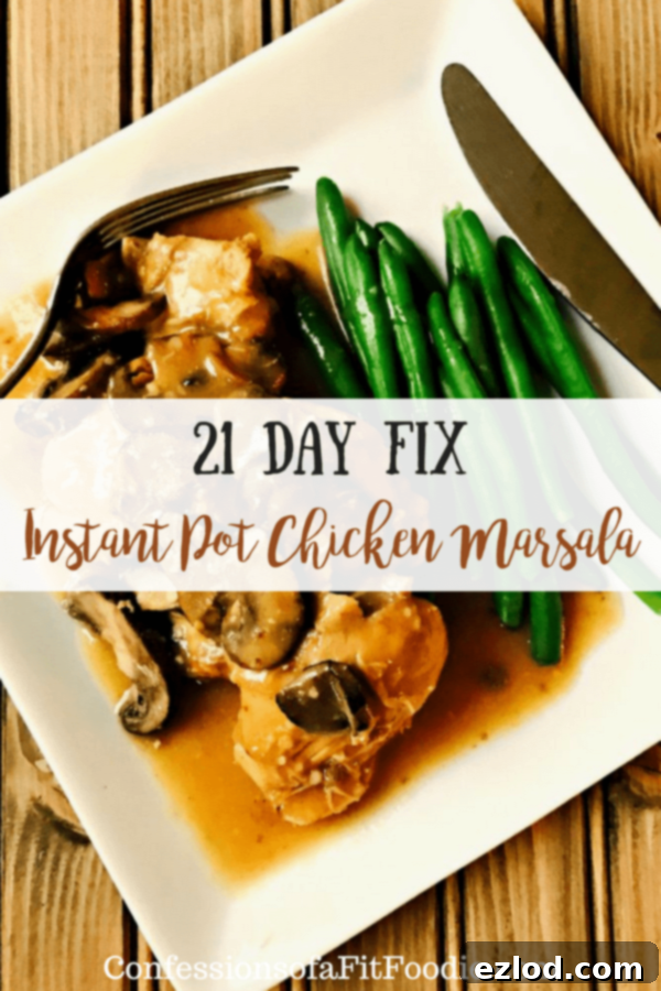 21 Day Fix Instant Pot Chicken Marsala | Confessions of a Fit Foodie - A vibrant image of the finished dish with container counts and diet tags.