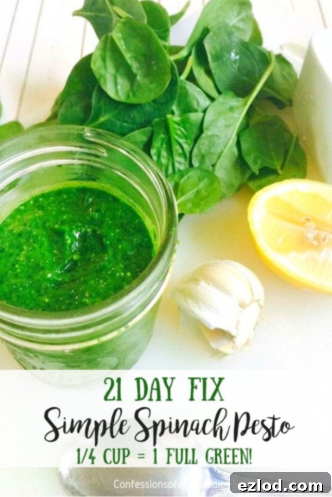Effortless Spinach Pesto 5 A serving of 21 Day Fix Simple Spinach Pesto with a focus on its delicious texture and healthy ingredients, ideal for quick, healthy meals.